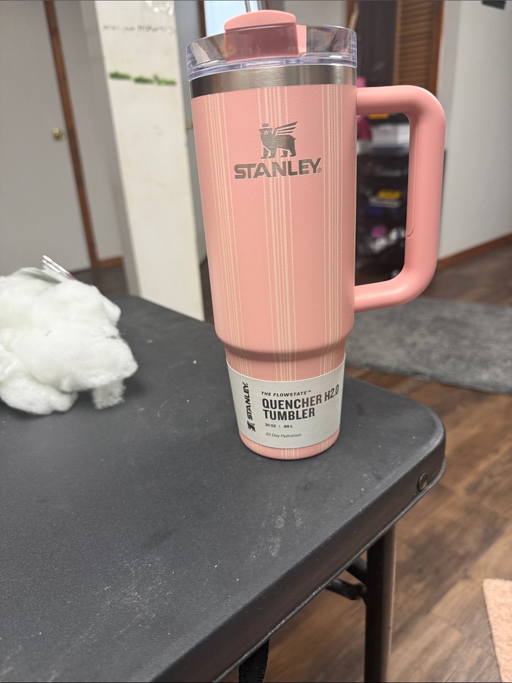 30oz peach rose picnic stripe Stanley Tumbler with straw lid